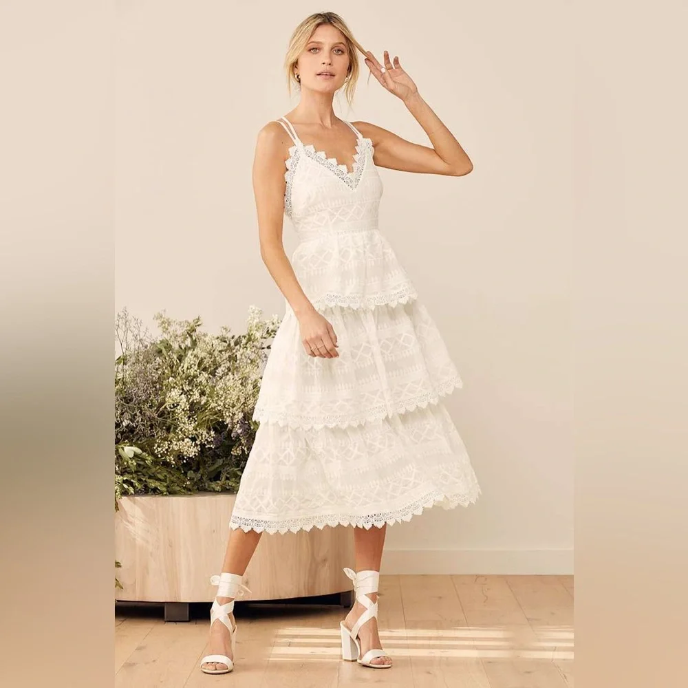 LULUS All Is Love White Tiered Midi Dress S Lace Bridal Shower Rehearsal Dinner - Picture 3 of 11